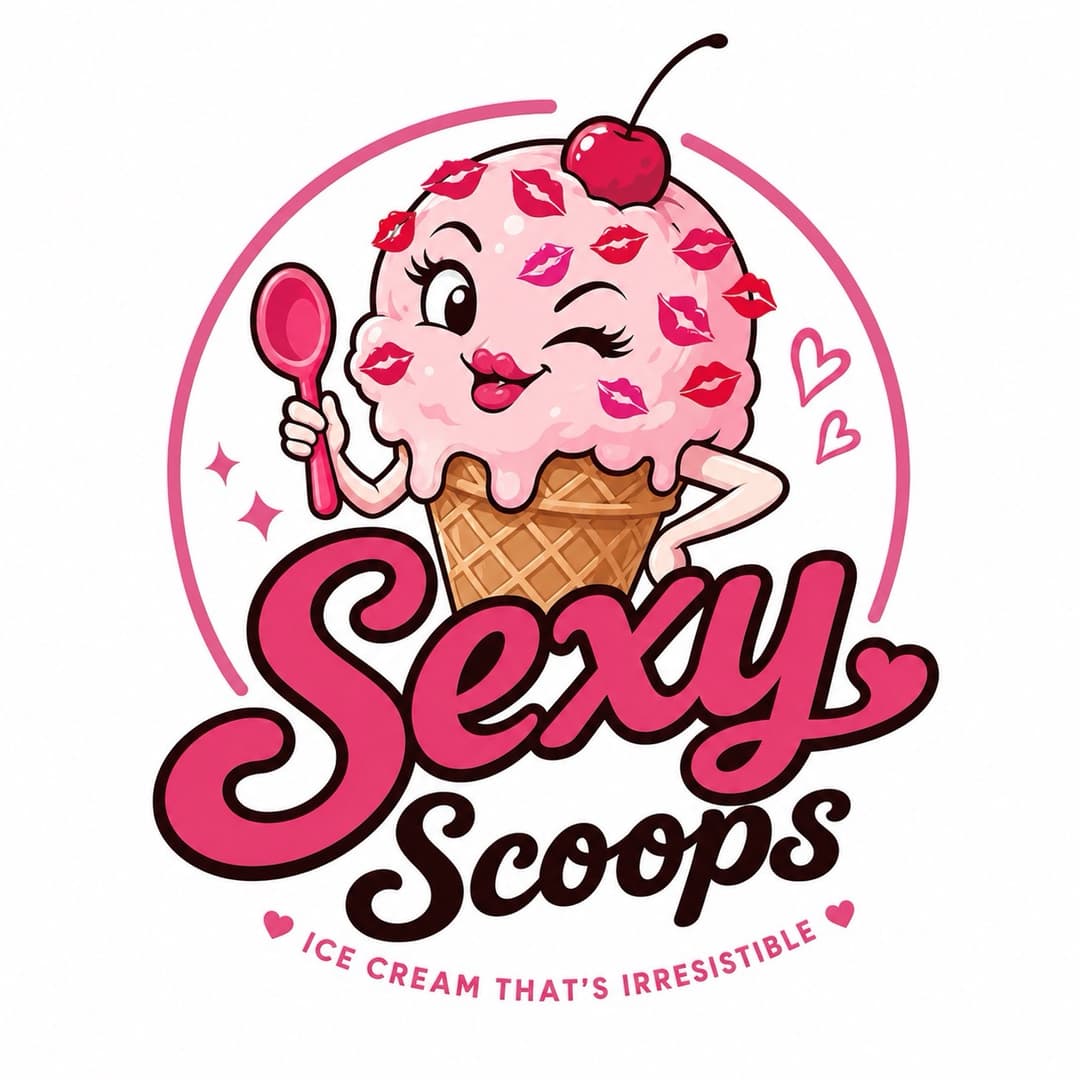 SexyScoops — a winking ice cream cone covered in kiss marks, holding a pink spoon